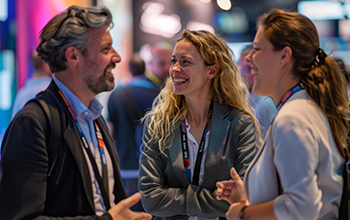 individuals in business casual attire as they laugh and chat together at an exhibition booth after the fair concludes captures the genuine connection and happiness shared among friends