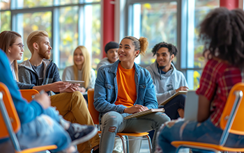 A diverse group of people sitting in a circle, engaging in a group discussion in a modern setting