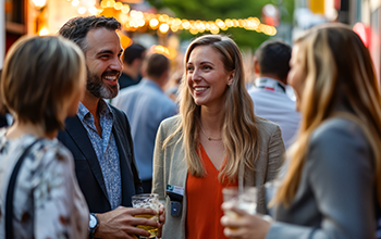 A group of professionals enjoy drinks and conversation during a networking happy hour in an outdoor city location as evening lights create a lively atmosphere